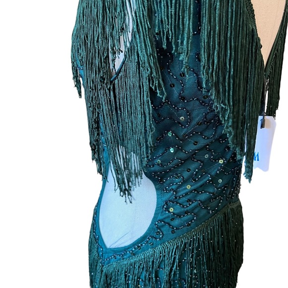 Embroidery Multi-Layered flapper style Tassel Dress in deep emerald green NWT - Picture 7 of 11